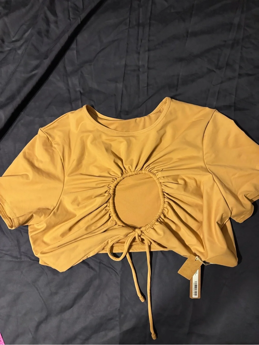 SKIMS SWIM RUCHED T-SHIRT and LOW RISE TIE BIKINI BOTTOM in Ochre
